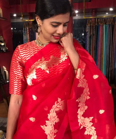 Red Organza Silk Saree with Gold Zari Weaves