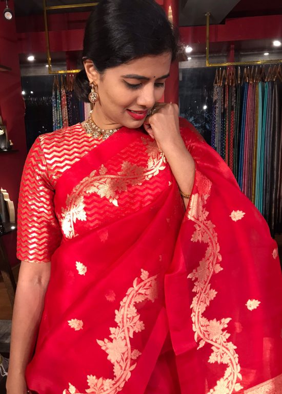 Red Organza Silk Saree with Gold Zari Weaves