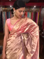 Ombre Pink Tissue Silk Saree highlighted with Woven Zari Border