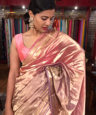 Ombre Pink Tissue Silk Saree highlighted with Woven Zari Border