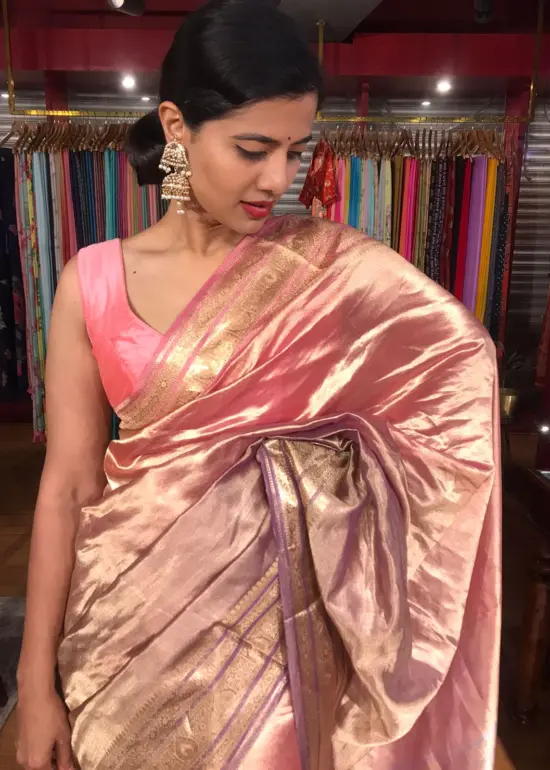 Ombre Pink Tissue Silk Saree highlighted with Woven Zari Border