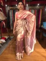 Ombre Pink Tissue Silk Saree highlighted with Woven Zari Border - Image 3