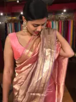 Ombre Pink Tissue Silk Saree highlighted with Woven Zari Border - Image 4