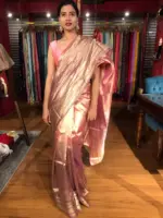 Ombre Pink Tissue Silk Saree highlighted with Woven Zari Border - Image 7