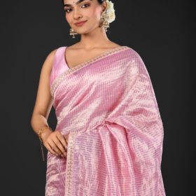 Baby Pink Tussar Silk Saree highlighted with Floral Border