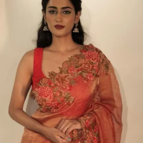 Red Crushed Tissue Silk Saree with Cutwork Embroidery