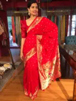 Red Banarasi Crepe Silk Saree with Paithani Border - Image 2