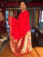Red Banarasi Crepe Silk Saree with Paithani Border - Image 3
