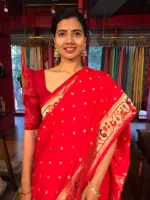 Red Banarasi Crepe Silk Saree with Paithani Border - Image 4