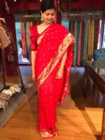 Red Banarasi Crepe Silk Saree with Paithani Border - Image 5