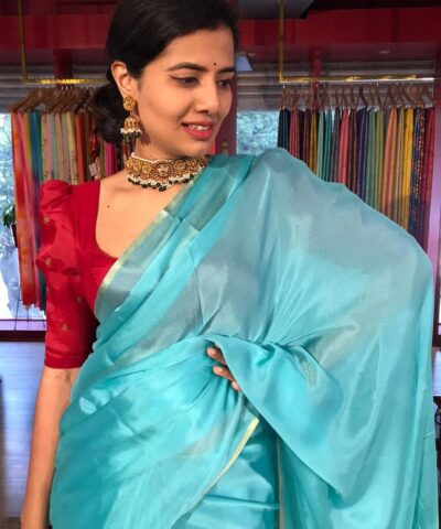 Turquoise Chiffon Silk Saree with Gold Zari Piping