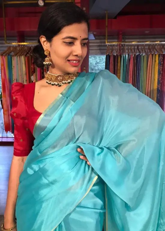 Turquoise Chiffon Silk Saree with Gold Zari Piping