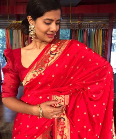 Red Banarasi Crepe Silk Saree with Paithani Border