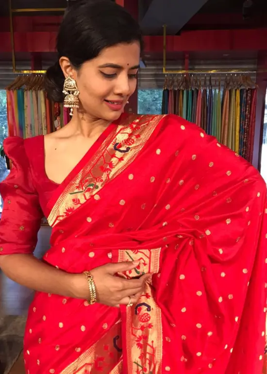 Red Banarasi Crepe Silk Saree with Paithani Border