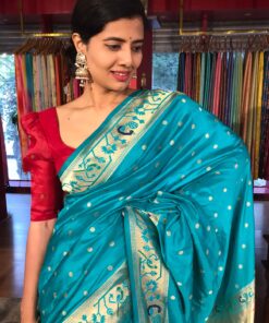Blue Banarasi Crepe Silk Saree with Paithani Border