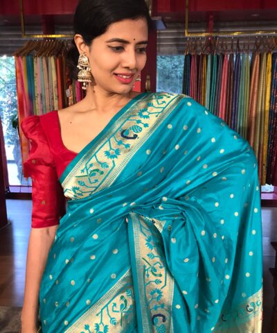Blue Banarasi Crepe Silk Saree with Paithani Border