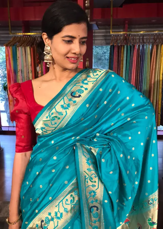 Blue Banarasi Crepe Silk Saree with Paithani Border