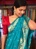 Blue Banarasi Crepe Silk Saree with Paithani Border - Image 3