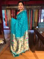 Blue Banarasi Crepe Silk Saree with Paithani Border - Image 2