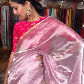 Lavender Tissue Silk Saree with Gold Zari piping