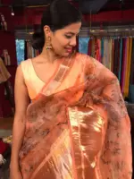Peach Printed Organza Silk Saree with Kanchi Silk Border - Image 2