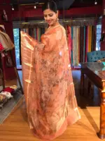 Peach Printed Organza Silk Saree with Kanchi Silk Border - Image 5