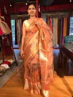 Peach Printed Organza Silk Saree with Kanchi Silk Border - Image 7