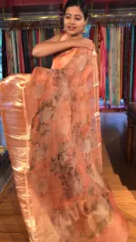 Peach Printed Organza Silk Saree with Kanchi Silk Border - Image 8