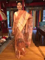 Peach Printed Organza Silk Saree with Kanchi Silk Border - Image 9