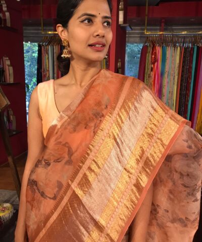 Peach Printed Organza Silk Saree with Kanchi Silk Border