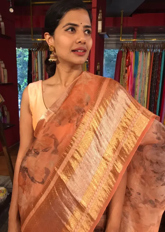Peach Printed Organza Silk Saree with Kanchi Silk Border