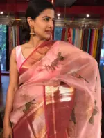 Pink Printed Organza Silk Saree with Kanchi Silk Border - Image 2