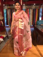 Pink Printed Organza Silk Saree with Kanchi Silk Border - Image 6