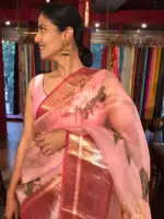 Pink Printed Organza Silk Saree with Kanchi Silk Border - Image 5