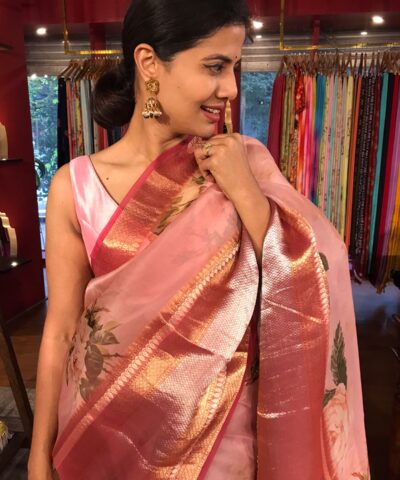 Pink Printed Organza Silk Saree with Kanchi Silk Border