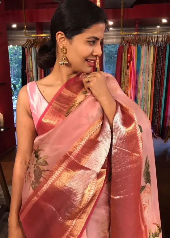 Pink Printed Organza Silk Saree with Kanchi Silk Border