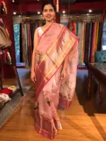 Pink Printed Organza Silk Saree with Kanchi Silk Border - Image 9