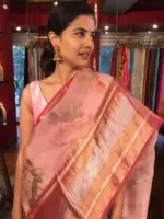 Pink Printed Organza Silk Saree with Kanchi Silk Border - Image 8