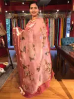 Pink Printed Organza Silk Saree with Kanchi Silk Border - Image 3
