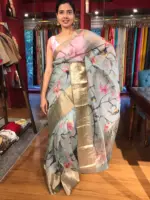Ice blue Printed Organza Silk Saree with Kanchi Zari Border - Image 2