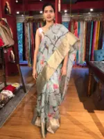 Ice blue Printed Organza Silk Saree with Kanchi Zari Border - Image 4