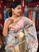 Ice blue Printed Organza Silk Saree with Kanchi Zari Border - Image 3