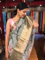 Ice blue Printed Organza Silk Saree with Kanchi Zari Border