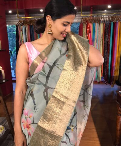 Ice blue Printed Organza Silk Saree with Kanchi Zari Border