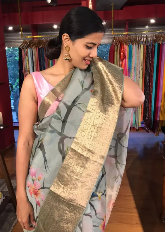 Ice blue Printed Organza Silk Saree with Kanchi Zari Border
