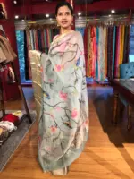 Ice blue Printed Organza Silk Saree with Kanchi Zari Border - Image 5