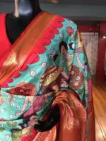 Teal Banarasi Dupion Silk Saree highlighted with Kalamkari Prints and Silk Border - Image 3