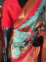 Teal Banarasi Dupion Silk Saree highlighted with Kalamkari Prints and Silk Border - Image 4