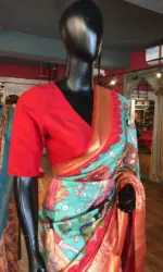 Teal Banarasi Dupion Silk Saree highlighted with Kalamkari Prints and Silk Border - Image 2