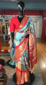 Teal Banarasi Dupion Silk Saree highlighted with Kalamkari Prints and Silk Border - Image 5